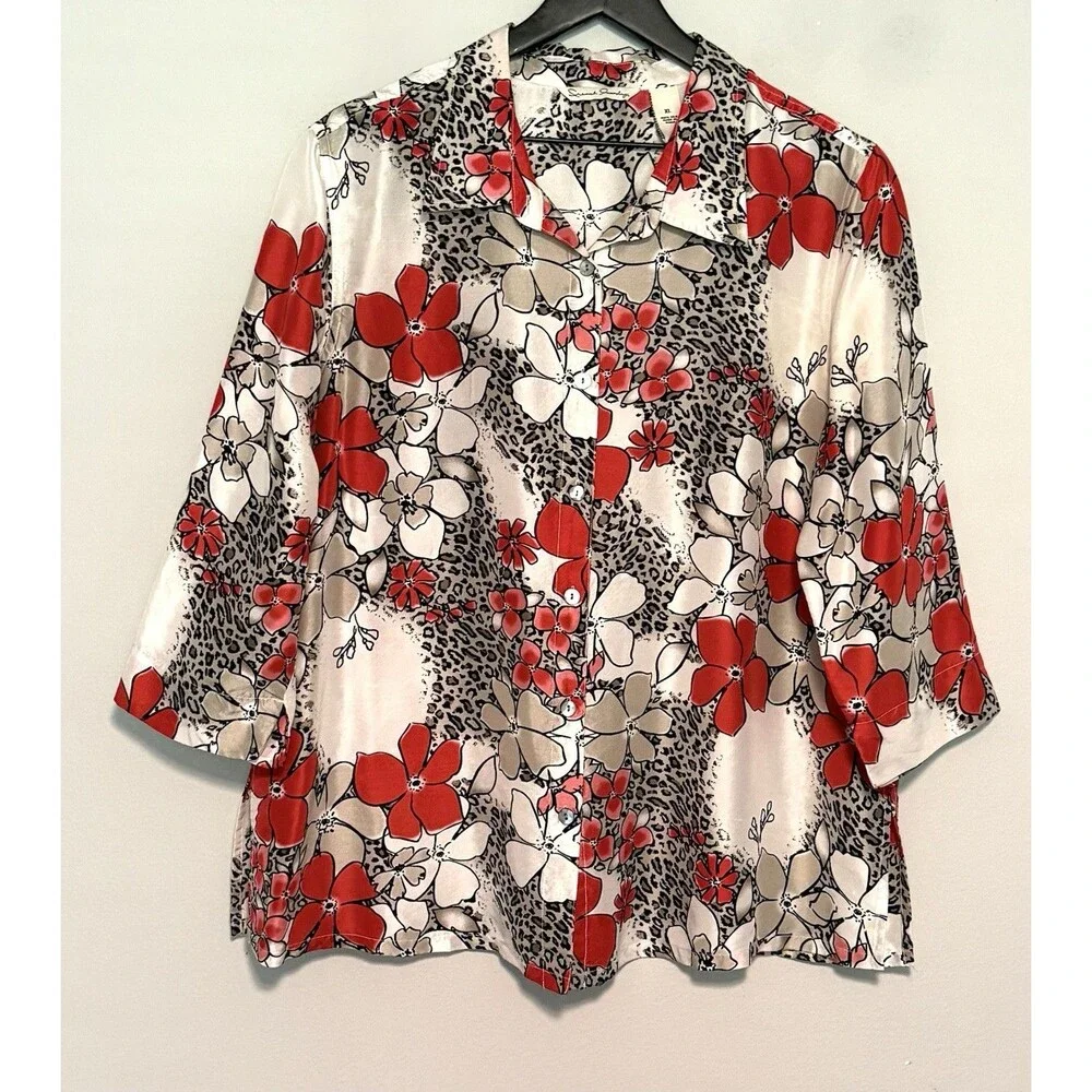 French Laundry 100% Silk Blouse Sz XL Floral Animal Print Boho Artsy